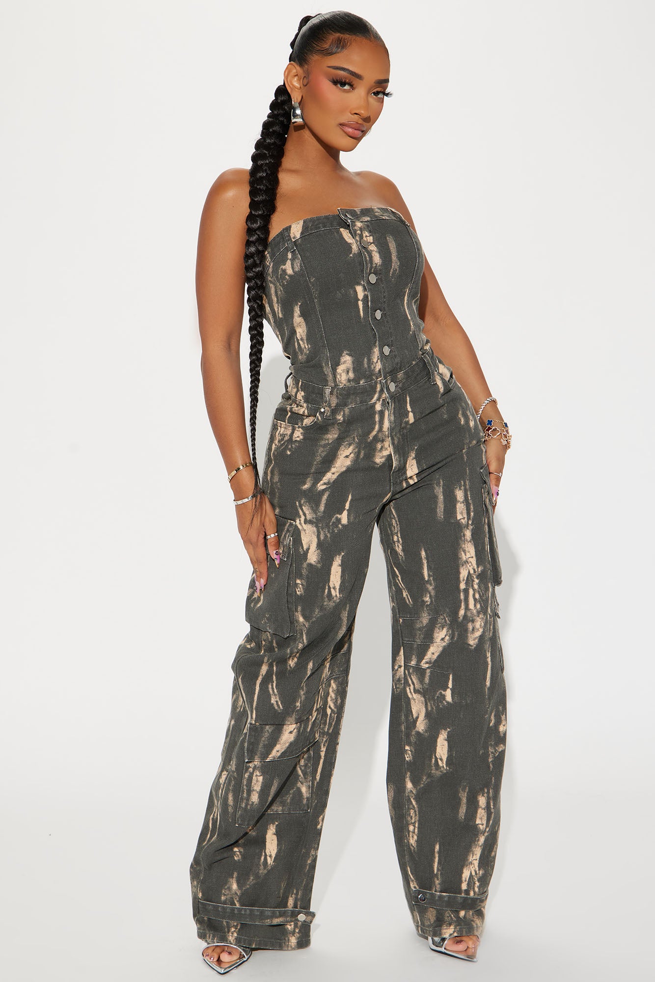 Strapless Straight Button Down Cargo Wide Leg Non-Stretch Jumpsuit