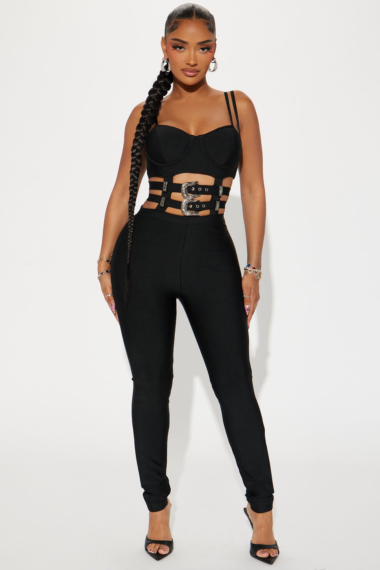 Adjustable Spaghetti Strap V-Neck Belted Bandage Jumpsuit with Padded Cup & Cut Out Detail
