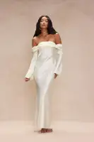 Elegant Off-Shoulder Satin Maxi Dress with Bell Sleeves & Ruched Detail – Cream