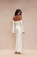 Elegant Off-Shoulder Satin Maxi Dress with Bell Sleeves & Ruched Detail – Cream(Cream,XS)