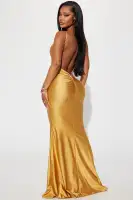 Elegant Backless Mermaid Maxi Dress with Adjustable Straps – Silver, Gold, Royal, Pink(Gold,XS)