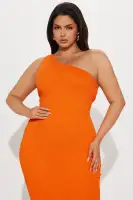 Elegant Orange Textured One-Shoulder Maxi Dress – Stretchy Polyester Blend(Orange,XS)