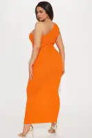 Elegant Orange Textured One-Shoulder Maxi Dress – Stretchy Polyester Blend(Orange,XS)