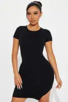Stylish Midi Dress with Side Slit - Short Sleeve Crew Neck in Cream, Black, Pink & Green - Stretchy Polyester Blend