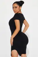 Stylish Midi Dress with Side Slit - Short Sleeve Crew Neck in Cream, Black, Pink & Green - Stretchy Polyester Blend(Black,S)