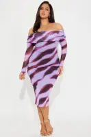 Elegant Off-Shoulder Mesh Midi Dress - Purple/Combo, Long Sleeve & Ruched Lined, Stretchy & Flowy (45 Length)(Purple/combo,XS)
