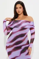 Elegant Off-Shoulder Mesh Midi Dress - Purple/Combo, Long Sleeve & Ruched Lined, Stretchy & Flowy (45 Length)(Purple/combo,XS)