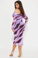 Elegant Off-Shoulder Mesh Midi Dress - Purple/Combo, Long Sleeve & Ruched Lined, Stretchy & Flowy (45 Length)(Purple/combo,XS)