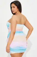 Strapless Sweetheart Mesh Mini Dress with Cut-Outs & Drawstring – Ruched Lined Stretch, 30 Length, Multi-Color Options(Multi Color,XS)