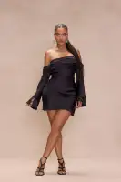 Elegant Off-Shoulder Satin Mini Dress with Bell Sleeves & Back Zipper – Ivory & Black