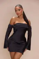 Elegant Off-Shoulder Satin Mini Dress with Bell Sleeves & Back Zipper – Ivory & Black(Black,regular,XS)