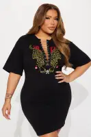 Wild Tiger Black Stretch V-Neck T-Shirt Dress with Chain Lace-Up Detail – 96% Cotton(Black,XS)
