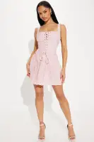 Elegant Jacquard Mini Dress - Sleeveless Square Neckline with Lace-Up Front & Pleated Skirt