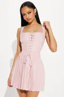 Elegant Jacquard Mini Dress - Sleeveless Square Neckline with Lace-Up Front & Pleated Skirt(Pink,XS)