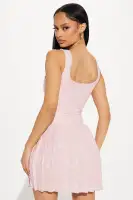 Elegant Jacquard Mini Dress - Sleeveless Square Neckline with Lace-Up Front & Pleated Skirt(Pink,XS)
