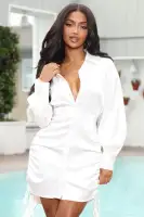 Elegant Satin Mini Shirt Dress - White & Mustard, Long Sleeve with Ruched Detail & Drawstrings(White,XS)