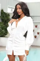 Elegant Satin Mini Shirt Dress - White & Mustard, Long Sleeve with Ruched Detail & Drawstrings(White,XS)