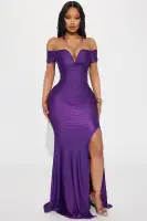 Elegant Off-Shoulder V-Wire Gown with High Slit & Ruched Detail – Black & Purple
