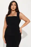 Elegant Black Ruched Maxi Dress with Square Neckline & Tie Back – Stretchy Polyester-Spandex Blend(Black,XS)