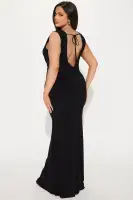 Elegant Black Ruched Maxi Dress with Square Neckline & Tie Back – Stretchy Polyester-Spandex Blend(Black,XS)