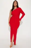 Elegant Ruched One-Shoulder Maxi Dress with Long Sleeves & Side Slit - Available in Yellow & Red(Red,XS)