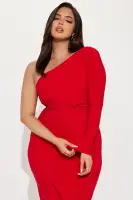 Elegant Ruched One-Shoulder Maxi Dress with Long Sleeves & Side Slit - Available in Yellow & Red(Red,XS)
