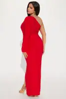 Elegant Ruched One-Shoulder Maxi Dress with Long Sleeves & Side Slit - Available in Yellow & Red(Red,XS)