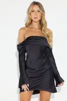 Elegant Off-Shoulder Satin Mini Dress with Bell Sleeves & Back Zipper – Ivory & Black(Black,regular,XS)