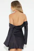 Elegant Off-Shoulder Satin Mini Dress with Bell Sleeves & Back Zipper – Ivory & Black(Black,regular,XS)