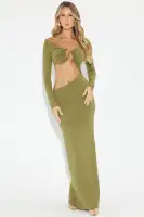 Elegant V-Neck Maxi Dress with Long Sleeves & Cut-Out Detail – Black & Olive(Olive,XS)