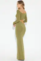 Elegant V-Neck Maxi Dress with Long Sleeves & Cut-Out Detail – Black & Olive(Olive,XS)