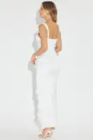 Elegant White Maxi Dress with Sweetheart Neckline & Corset Waist – Sleeveless Bow Detail & High Slit(White,XS)