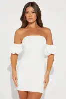 Elegant Off-Shoulder Crepe Mini Dress with Corset Waist & Removable Bow Belt(White,XS)