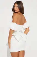 Elegant Off-Shoulder Crepe Mini Dress with Corset Waist & Removable Bow Belt(White,XS)