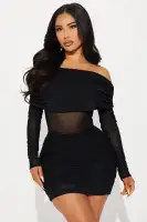 Sexy Black Mesh Mini Dress - Off Shoulder Long Sleeve Sheer Ruched Stretchy Party Outfit(Black,XS)