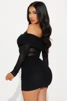 Sexy Black Mesh Mini Dress - Off Shoulder Long Sleeve Sheer Ruched Stretchy Party Outfit(Black,XS)