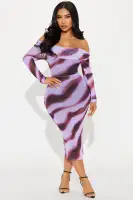 Elegant Off-Shoulder Mesh Midi Dress - Purple/Combo, Long Sleeve & Ruched Lined, Stretchy & Flowy (45 Length)