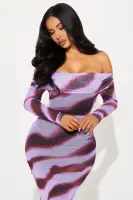 Elegant Off-Shoulder Mesh Midi Dress - Purple/Combo, Long Sleeve & Ruched Lined, Stretchy & Flowy (45 Length)(Purple/combo,XS)