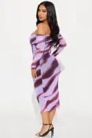 Elegant Off-Shoulder Mesh Midi Dress - Purple/Combo, Long Sleeve & Ruched Lined, Stretchy & Flowy (45 Length)(Purple/combo,XS)