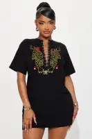 Wild Tiger Black Stretch V-Neck T-Shirt Dress with Chain Lace-Up Detail – 96% Cotton
