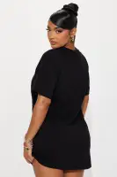 Wild Tiger Black Stretch V-Neck T-Shirt Dress with Chain Lace-Up Detail – 96% Cotton(Black,XS)