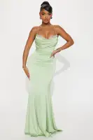 Elegant Satin Gown with Rhinestone Embellishments – Sage & Peach Strappy Low Back Dress