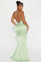 Elegant Satin Gown with Rhinestone Embellishments – Sage & Peach Strappy Low Back Dress(Sage,XS)