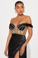Elegant Black Satin Off-Shoulder Gown with Rhinestone Detail & High Slit(Black,XS)