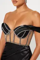 Elegant Black Satin Off-Shoulder Gown with Rhinestone Detail & High Slit(Black,XS)