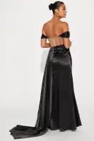 Elegant Black Satin Off-Shoulder Gown with Rhinestone Detail & High Slit(Black,XS)