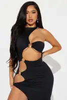 Elegant Black & White Midi Dress with High Neckline, Cut-Outs, and High Slit – Stretchy Polyester-Spandex Blend(Black,XS)