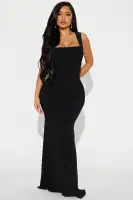 Elegant Black Ruched Maxi Dress with Square Neckline & Tie Back – Stretchy Polyester-Spandex Blend