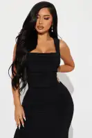 Elegant Black Ruched Maxi Dress with Square Neckline & Tie Back – Stretchy Polyester-Spandex Blend(Black,XS)