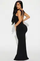 Elegant Black Ruched Maxi Dress with Square Neckline & Tie Back – Stretchy Polyester-Spandex Blend(Black,XS)